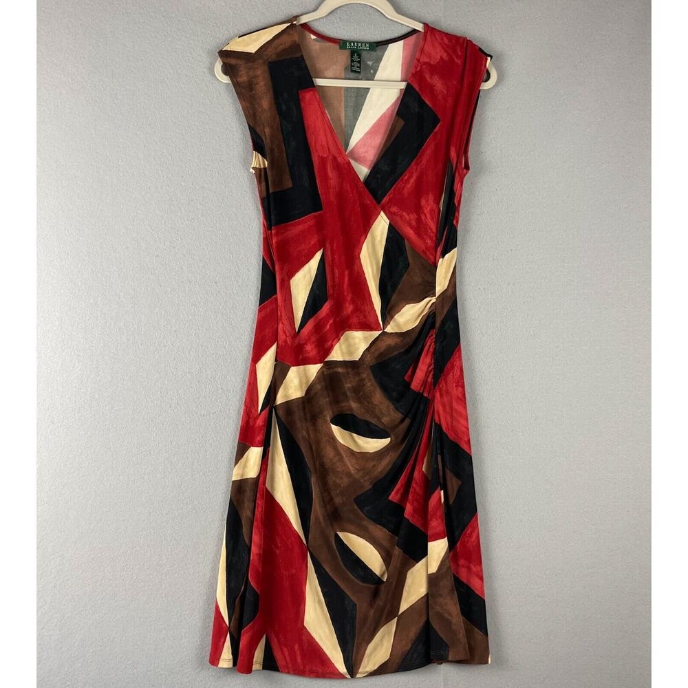 Lauren Ralph Lauren Dress Womens 2 Faux Wrap Ruched Geometric‎ Stretchy Career